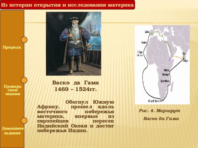 Из истории открытия и исследования материка  Природа  Васко да Гама 1469 – 1524гг.  Обогнул Южную Африку, прошел вдоль восточного побережья материка, впервые из европейцев пересек Индийский Океан и достиг побережья Индии.  Проверь свои знания Рис. 4. Маршрут  Васко да Гама   Домашнее задание 