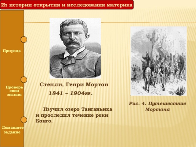 Из истории открытия и исследования материка Природа  Стенли, Генри Мортон 1841 – 1904гг.  Изучил озеро Танганьика и проследил течение реки Конго.   Проверь свои знания Рис. 4. Путешествие Мортона  Домашнее задание 