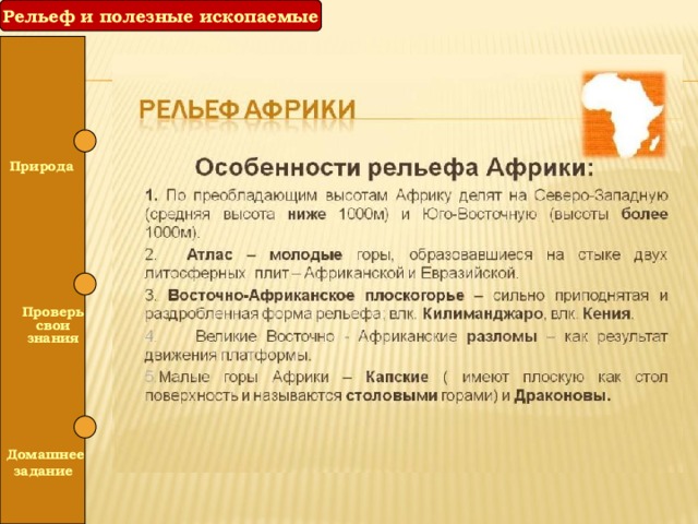 Рельеф и полезные ископаемые  Природа   Проверь свои знания  Рис. 5. Рельеф материка  Домашнее задание 