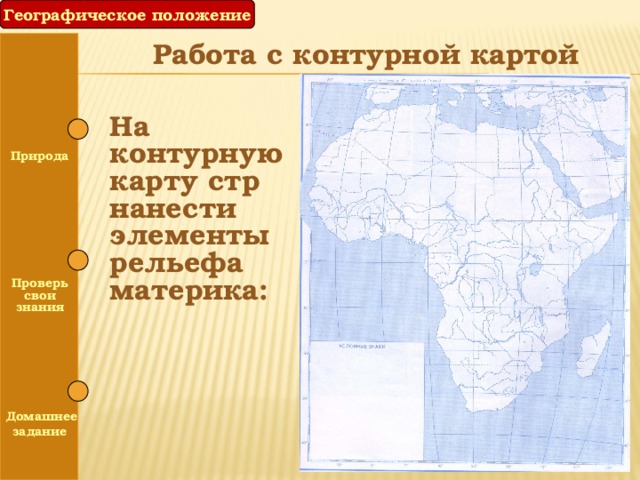 Географическое положение Работа с контурной картой На контурную карту стр нанести элементы рельефа материка: Природа  Проверь свои знания  Домашнее задание 