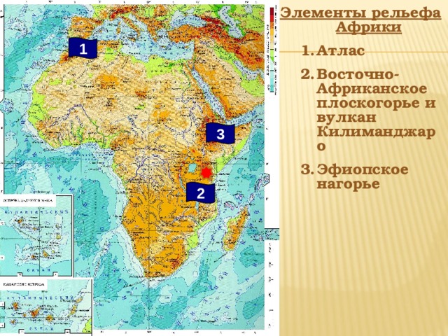 Элементы рельефа Африки Атлас Восточно-Африканское плоскогорье и вулкан Килиманджаро Эфиопское нагорье Атлас Восточно-Африканское плоскогорье и вулкан Килиманджаро Эфиопское нагорье 1 3 2 