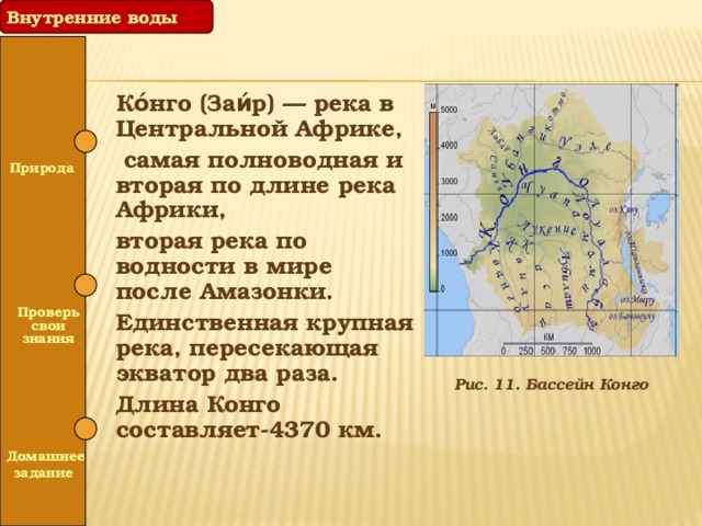 Внутренние воды Ко́нго (Заи́р) — река в Центральной Африке,  самая полноводная и вторая по длине река Африки, вторая река по водности в мире после Амазонки. Единственная крупная река, пересекающая экватор два раза. Длина Конго составляет-4370 км.  Природа   Проверь свои знания Рис. 11. Бассейн Конго   Домашнее задание 