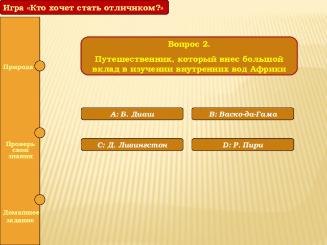 Игра «Кто хочет стать отличнком?» Вопрос 2. Путешественник, который внес большой вклад в изучении внутренних вод Африки  Природа A: Б. Диаш B: Васко-да-Гама   Проверь свои знания С: Д. Ливингстон D: Р. Пири   Домашнее задание 
