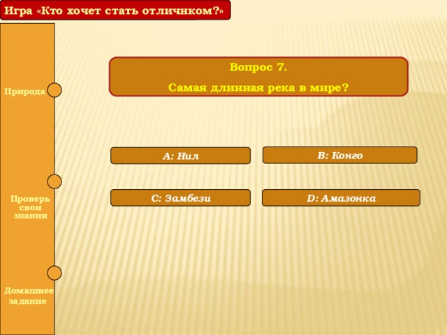 Игра «Кто хочет стать отличником?» Игра «Кто хочет стать отличнком?» Вопрос 7. Самая длинная река в мире? Природа  B: Конго A: Нил  D: Амазонка С: Замбези  Проверь свои знания   Домашнее задание 
