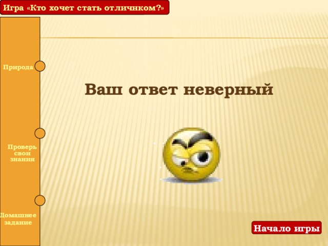 Игра «Кто хочет стать отличнком?» Игра «Кто хочет стать отличником?»  Природа Ваш ответ неверный   Проверь свои знания   Домашнее  задание Начало игры 