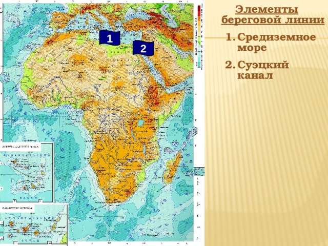 Элементы береговой линии Средиземное море Суэцкий канал Средиземное море Суэцкий канал 1 2 