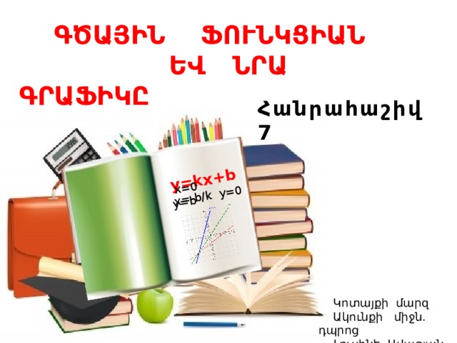  y=kx+b  x=0 y=b x=-b/k y=0  ԳԾԱՅԻՆ ՖՈՒՆԿՑԻԱՆ  ԵՎ ՆՐԱ ԳՐԱՖԻԿԸ Հանրահաշիվ 7  Կոտայքի մարզ  Ակունքի միջն. դպրոց  Լուսինե Ավագյան  