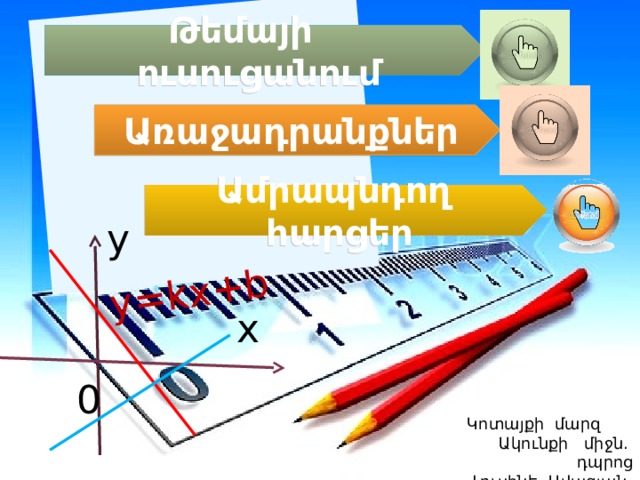 y =kx+b Թեմայի ուսուցանում Առաջադրանքներ Ամրապնդող հարցեր y x 0  Կոտայքի մարզ Ակունքի միջն. դպրոց  Լուսինե Ավագյան 