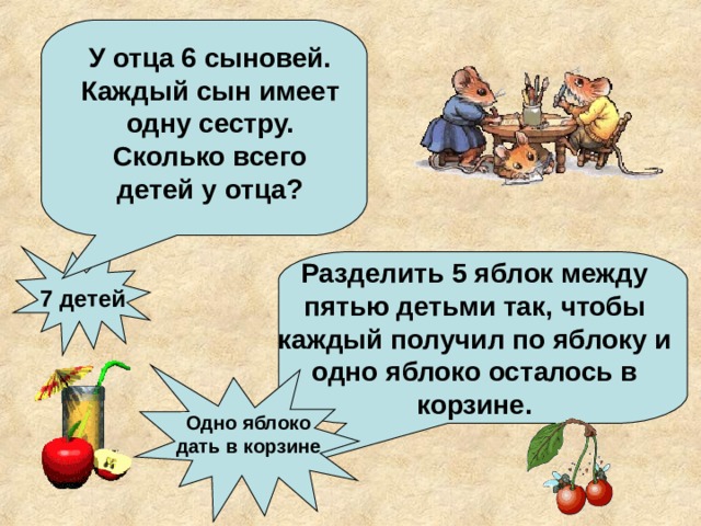 У отца 6 сыновей. Каждый сын имеет одну сестру. Сколько всего детей у отца? Разделить 5 яблок между пятью детьми так, чтобы каждый получил по яблоку и одно яблоко осталось в корзине. 7 детей Одно яблоко дать в корзине 