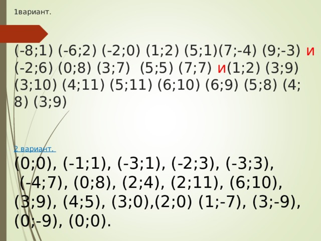 1вариант.    (-8;1) (-6;2) (-2;0) (1;2) (5;1)(7;-4) (9;-3) и  (-2;6) (0;8) (3;7) (5;5) (7;7) и (1;2) (3;9) (3;10) (4;11) (5;11) (6;10) (6;9) (5;8) (4; 8) (3;9)    2 вариант.  (0;0), (-1;1), (-3;1), (-2;3), (-3;3),  (-4;7), (0;8), (2;4), (2;11), (6;10), (3;9), (4;5), (3;0),(2;0) (1;-7), (3;-9), (0;-9), (0;0).     