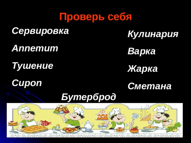 Проверь себя Сервировка Аппетит Тушение Сироп Кулинария Варка Жарка Сметана Бутерброд 