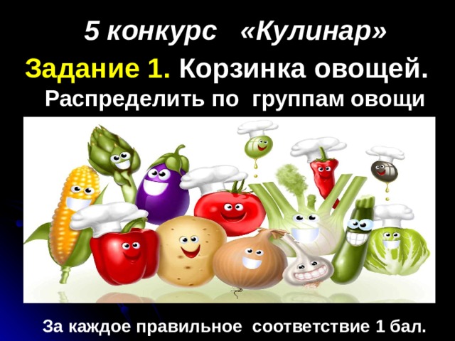 Задание 1. Корзинка овощей. Распределить по группам овощи 5 конкурс «Кулинар»  За каждое правильное соответствие 1 бал. 