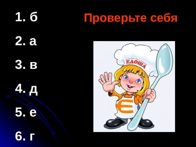  б 2. а 3. в 4. д 5. е 6. г Проверьте себя 