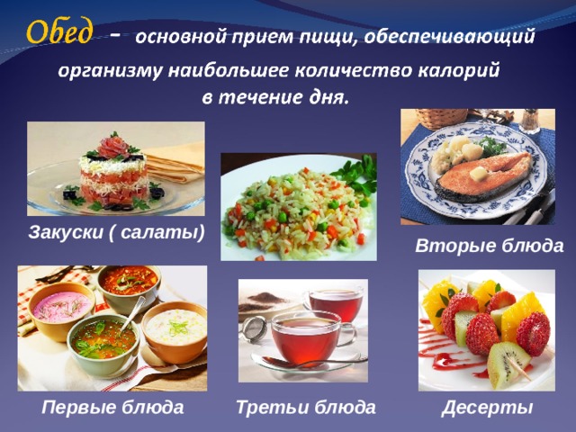Закуски ( салаты) Вторые блюда Первые блюда Третьи блюда Десерты 
