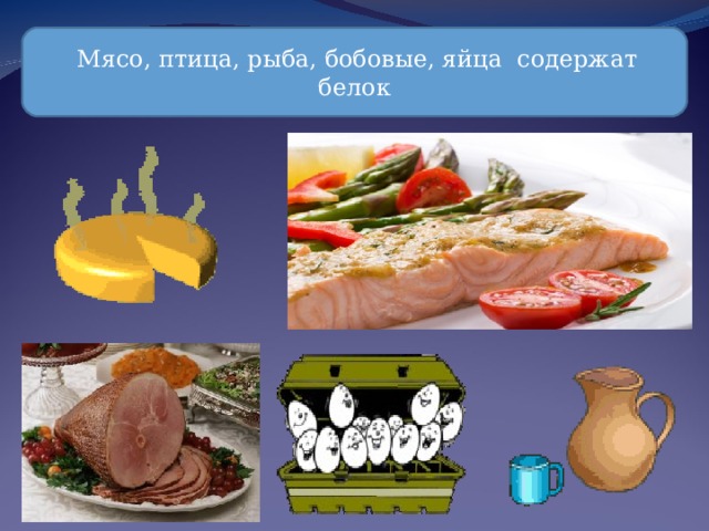  Мясо, птица, рыба, бобовые, яйца содержат белок 