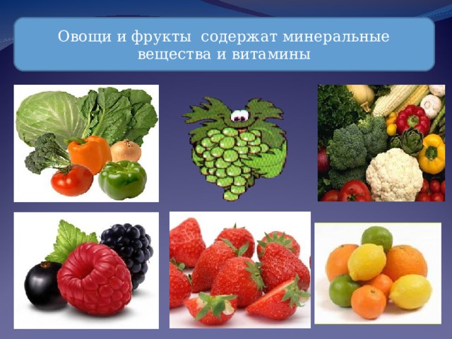 Овощи и фрукты содержат минеральные вещества и витамины 