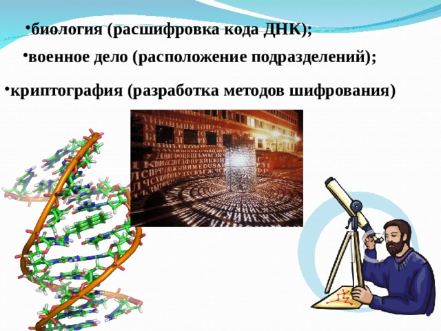 биология (расшифровка кода ДНК); военное дело (расположение подразделений); криптография (разработка методов шифрования) 