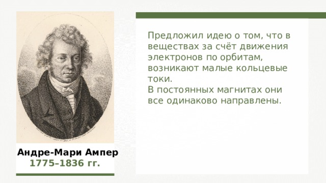 Предложил идею о том, что в веществах за счёт движения электронов по орбитам, возникают малые кольцевые токи. В постоянных магнитах они все одинаково направлены.  Андре-Мари Ампер  1775–1836  гг.  