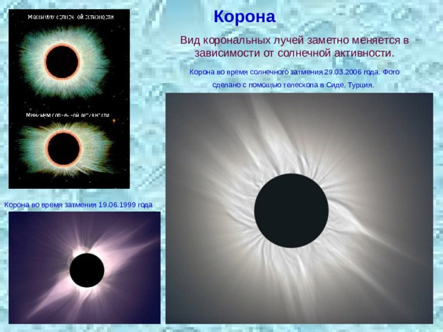 Корона Вид корональных лучей заметно меняется в зависимости от солнечной активности. Корона во время солнечного затмения 29.03.2006 года. Фото сделано с помощью телескопа в Сиде, Турция.  Корона во время затмения 19.06.1999 года 