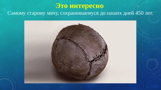 Это интересно Самому старому мячу, сохранившемуся до наших дней 450 лет. 