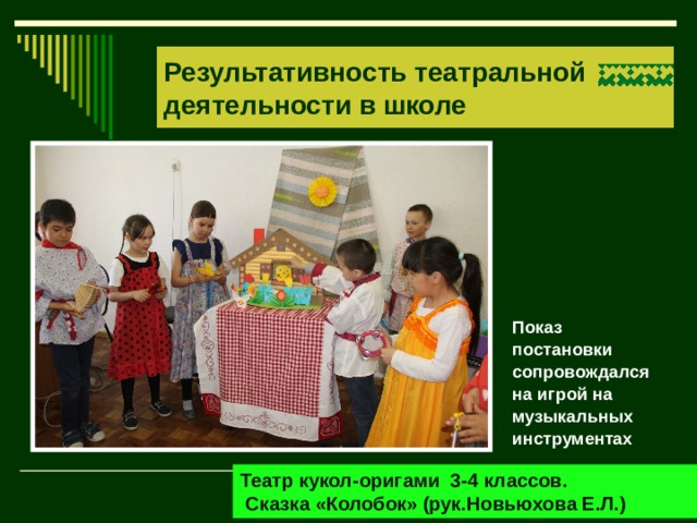 Результативность театральной деятельности в школе Показ постановки сопровождался на игрой на музыкальных инструментах Театр кукол-оригами 3-4 классов.  Сказка «Колобок» (рук.Новьюхова Е.Л.) 