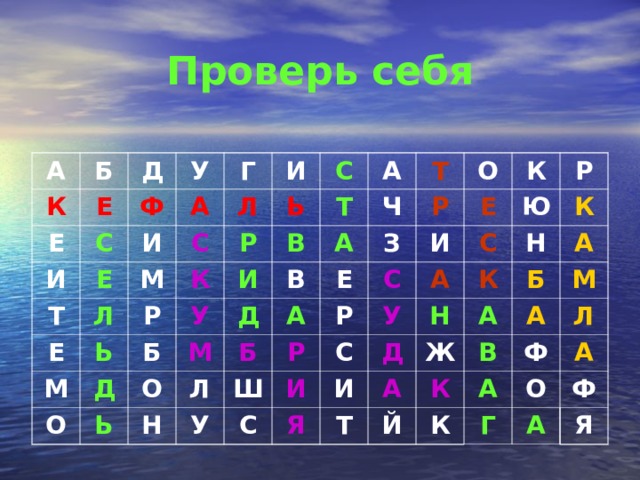 Проверь себя А К Б Е Д Е У С И Ф А Е Г И Т Е М Л Л И С Ь Ь К Р Р С М Д Б У О И В А Т Ь В Ч М Т А Д О Б А Р О Л Е З Н С У Р Е Ш Р И К И С С С Р У А Ю Я Д К К Н Н И Ж Т Б А А А Й М В К А А Ф Л К А Г О Ф А Я 