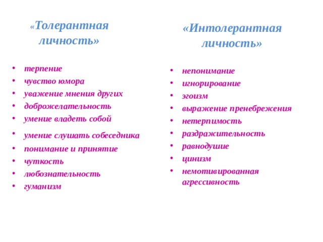 « Толерантная личность» «Интолерантная личность» терпение чувство юмора уважение мнения других доброжелательность умение владеть собой умение слушать собеседника  понимание и принятие чуткость любознательность гуманизм     непонимание игнорирование эгоизм выражение пренебрежения нетерпимость раздражительность равнодушие цинизм немотивированная агрессивность 