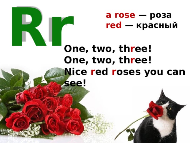 a rose — роза red — красный  Rr One, two, th r ee! One, two, th r ee! Nice r ed r oses you can see! 