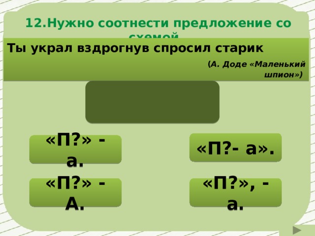 12.Нужно соотнести предложение со схемой. Ты украл вздрогнув спросил старик  ( А. Доде «Маленький шпион») «П?- а». «П?» - а. Нужно подумать! «П?» - А. «П?», - а. Нужно подумать! Нужно подумать! 