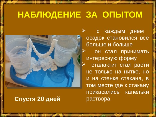 НАБЛЮДЕНИЕ ЗА ОПЫТОМ  с каждым днем осадок становился все больше и больше  он стал принимать интересную форму  сталактит стал расти не только на нитке, но и на стенке стакана, в том месте где к стакану прикасались капельки раствора Спустя 20 дней 