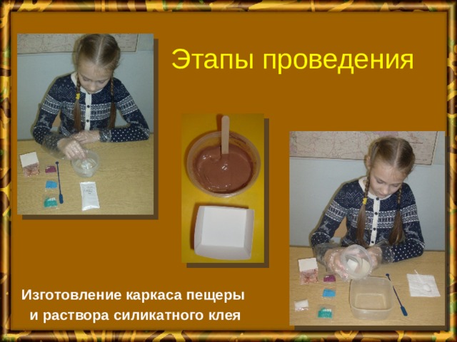Этапы проведения Изготовление каркаса пещеры и раствора силикатного клея 