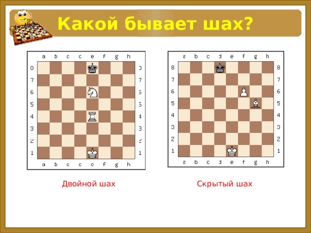 Какой бывает шах? Двойной шах Скрытый шах 