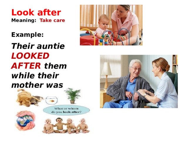 Look after  Meaning: Take care   Example:  Their auntie LOOKED AFTER them while their mother was in hospital.   