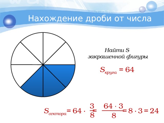 Нахождение дроби от числа Найти S закрашенной фигуры S круга = 64 3 64 ∙ 3 S сектора = 64  ∙ = =  8  ∙  3  =  24 8 8 