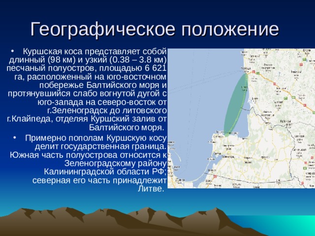 Куршская коса представляет собой длинный (98 км) и узкий (0.38 – 3.8 км) песчаный полуостров, площадью 6 621 га, расположенный на юго-восточном побережье Балтийского моря и протянувшийся слабо вогнутой дугой с юго-запада на северо-восток от г.Зеленоградск до литовского г.Клайпеда, отделяя Куршский залив от Балтийского моря. Примерно пополам Куршскую косу делит государственная граница. Южная часть полуострова относится к Зеленоградскому району Калининградской области РФ; северная его часть принадлежит Литве. 