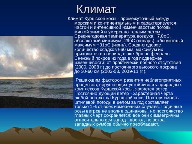 Климат Куршской косы - промежуточный между морским и континентальным и характеризуется частой и интенсивной изменчивостью погоды, мягкой зимой и умеренно теплым летом. Среднегодовая температура воздуха +7,0оС, абсолютный минимум -26оС (январь), абсолютный максимум +31оС (июнь). Среднегодовое количество осадков 660 мм, максимум их приходится на период с октября по февраль. Снежный покров из года в год подвержен изменчивости: от практически полного отсутствия (2000, 2008 г.) до постоянного высокого покрова до 30-60 см (2002-03, 2009-11 гг.).   Решающим фактором развития неблагоприятных процессов, нарушающих устойчивость природных комплексов Куршской косы, является ветер. Постоянно дующий ветер - характерная черта любой погоды на Куршской косе. Повторяемость штилевой погоды в целом за год составляет только 1% от всех измеренных случаев. Годичные розы ветров не вполне одинаковы, но постоянство главных черт сохраняется: все они симметричны относительно оси запад - восток, но ветра западных румбов обычно преобладают.   
