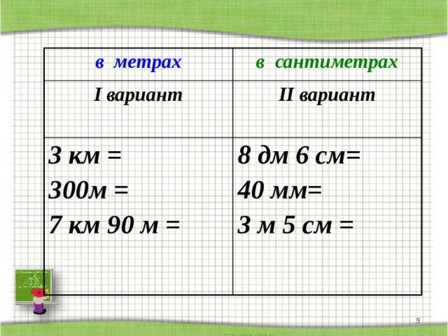 в метрах в сантиметрах I вариант II вариант 3 км = 300м = 8 дм 6 см= 7 км 90 м = 40 мм=  3 м 5 см =   