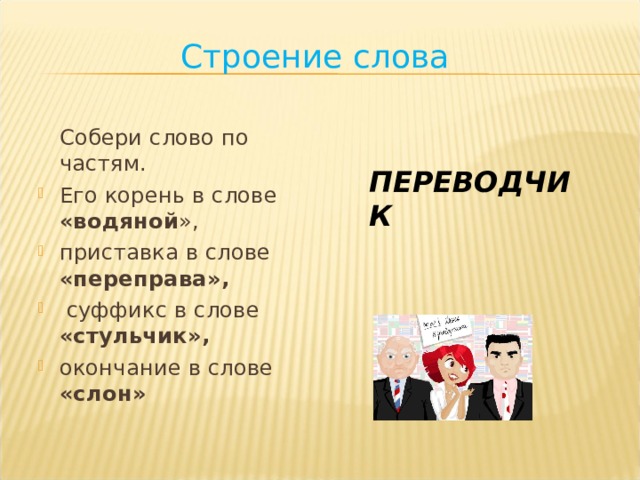 Строение слова  Собери слово по частям. Его корень в слове «водяной », приставка в слове «переправа»,   суффикс в слове «стульчик», окончание в слове «слон» ПЕРЕВОДЧИК 