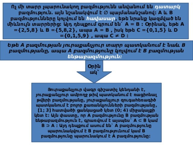 Ոչ մի տարր չպարունակող բազմությունն անվանում են դատարկ բազմություն. այն նշանակվում է ∅ պայմանանշանով: A և B բազմությունները կոչվում են հավասար , եթե նրանք կազմված են միևնույն տարրերից: Այդ դեպքում գրում են` A = B : Օրինակ, եթե A ={2,5,8} և B ={5,8,2}, ապա A = B , իսկ եթե C ={0,1,5} և D ={0,1,5,9} , ապա C ≠ D : Եթե A բազմության յուրաքանչյուր տարր պատկանում է նաև B բազմությանը, ապա A բազմությունը կոչվում է B բազմության ենթաբազմություն: Օրինակ՝ Յուրաքանչյուր վագր գիշատիչ կենդանի է, յուրաքանչյուր ամբողջ թիվ պատկանում է ռացիոնալ թվերի բազմությանը, յուրաքանչյուր զուգահեռագիծ պատկանում է բոլոր քառանկյունների բազմությանը, [1; 3] հատվածի ցանկացած կետ (0; 4) միջակայքի կետ է: Այն փաստը, որ A բազմությունը B բազմության ենթաբազմություն է, գրառվում է այսպես` A ⊂ B կամ B ⊃ A : Այդ դեպքում ասում են` A բազմությունը պարունակվում է B բազմությունում կամ B բազմությունը պարունակում է A բազմությունը: 