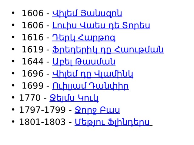   1606 -  Վիլեմ Յանսզոն        1606 -  Լուիս Վաես դե Տորես      1616 -  Դերկ Հարթոգ        1619 -  Ֆրեդերիկ դը Հաութման        1644 -  Աբել Թասման        1696 -  Վիլեմ դը Վլամինկ       1699 -  Ուիլյամ Դանփիր       1770 -  Ջեյմս Կուկ       1797-1799 -  Ջորջ Բաս      1801-1803 -  Մեթյու Ֆլինդերս       