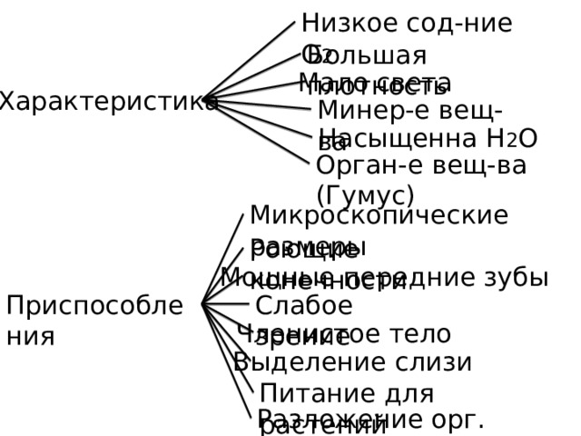Низкое сод-ние О 2 Большая плотность Мало света Характеристика Минер-е вещ-ва Насыщенна Н 2 О Орган-е вещ-ва (Гумус) Микроскопические размеры Роющие конечности Мощные передние зубы Слабое зрение Приспособления Членистое тело Выделение слизи Питание для растений Разложение орг. вещ-в. 