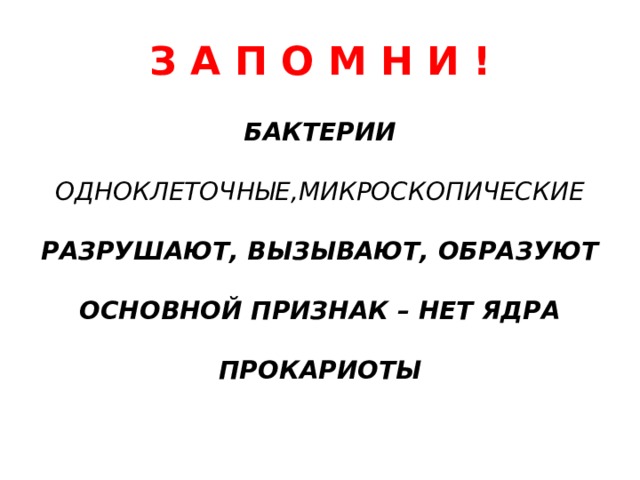 З А П О М Н И ! БАКТЕРИИ   ОДНОКЛЕТОЧНЫЕ,МИКРОСКОПИЧЕСКИЕ   РАЗРУШАЮТ, ВЫЗЫВАЮТ, ОБРАЗУЮТ   ОСНОВНОЙ ПРИЗНАК – НЕТ ЯДРА   ПРОКАРИОТЫ   