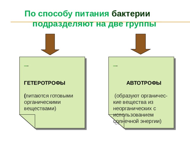  По способу питания бактерии подразделяют на две группы     ГЕТЕРОТРОФЫ       АВТОТРОФЫ ( питаются готовыми органическими веществами)    (образуют органичес- кие вещества из неорганических с использованием солнечной энергии)  