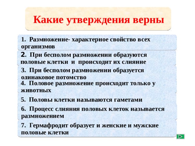 Какие утверждения верны 1. Размножение- характерное свойство всех организмов 2 . При бесполом размножении образуются половые клетки и происходит их слияние 3. При бесполом размножении образуется одинаковое потомство 4. Половое размножение происходит только у животных Щелчком определите верные утверждения 5. Половы клетки называются гаметами 6. Процесс слияния половых клеток называется размножением 7. Гермафродит образует и женские и мужские половые клетки  