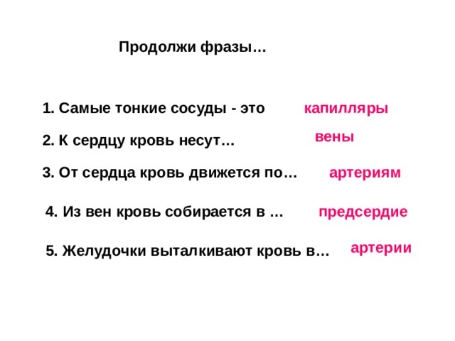 Продолжи фразы… 1. Самые тонкие сосуды - это капилляры вены 2. К сердцу кровь несут… 3. От сердца кровь движется по… артериям 4. Из вен кровь собирается в … предсердие артерии 5. Желудочки выталкивают кровь в… 