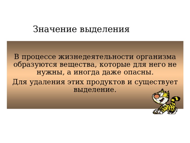 Значение выделения В процессе жизнедеятельности организма образуются вещества, которые для него не нужны, а иногда даже опасны. Для удаления этих продуктов и существует выделение. 