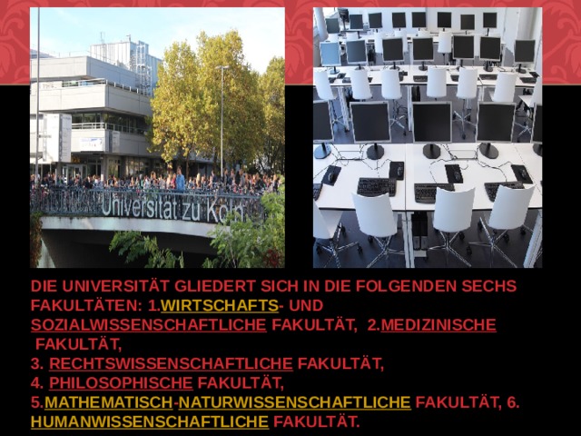  Die Universität gliedert sich in die folgenden sechs Fakultäten: 1. Wirtschafts - und  Sozialwissenschaftliche  Fakultät, 2. Medizinische  Fakultät,  3. Rechtswissenschaftliche  Fakultät,  4. Philosophische  Fakultät,  5. Mathematisch - Naturwissenschaftliche  Fakultät, 6. Humanwissenschaftliche  Fakultät.   