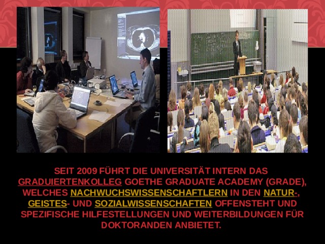 Seit 2009 führt die Universität intern das  Graduiertenkolleg  Goethe Graduate Academy (GRADE), welches  Nachwuchswissenschaftlern  in den  Natur - ,  Geistes - und  Sozialwissenschaften  offensteht und spezifische Hilfestellungen und Weiterbildungen für Doktoranden anbietet. 