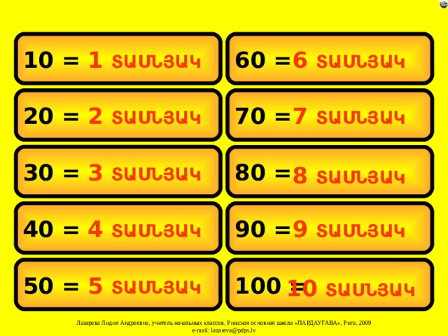 10 = 6 ՏԱՍՆՅԱԿ 60 = 1 ՏԱՍՆՅԱԿ 20 = 7 ՏԱՍՆՅԱԿ 2 ՏԱՍՆՅԱԿ 70 = 30 = 80 = 3 ՏԱՍՆՅԱԿ  8 ՏԱՍՆՅԱԿ  40 = 90 = 9 ՏԱՍՆՅԱԿ 4 ՏԱՍՆՅԱԿ 100 =  10 ՏԱՍՆՅԱԿ  5 ՏԱՍՆՅԱԿ 50 = 