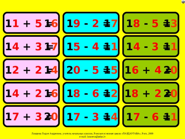 1 1 + 5 = 1 6 1 3 1 8 - 5 = 1 7 1 9 - 2 = 1 4 + 3 = 1 7 1 1 1 4 - 3 = 1 1 1 5 - 4 = 1 4 1 2 + 2 = 2 0 - 5 = 1 5 2 0 1 6 + 4 = 1 6 1 4 + 2 = 1 2 1 8 - 6 = 1 8 + 2 = 2 0 2 0 1 7 + 3 = 1 4 1 1 1 7 - 3 = 1 7 - 6 = 